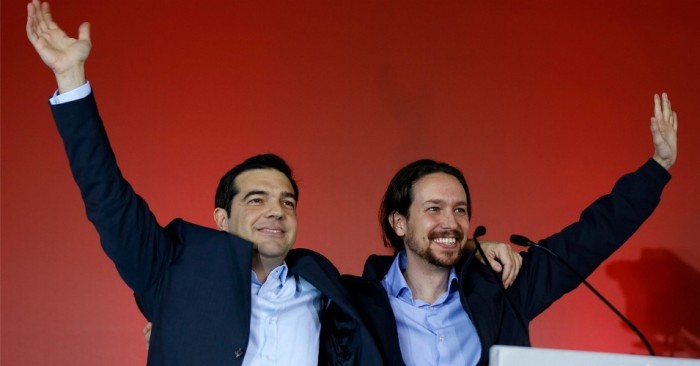 Alexis Tsipras and Pablo Iglesias at a Syriza rally this month. Yannis Behrakis / Reuters