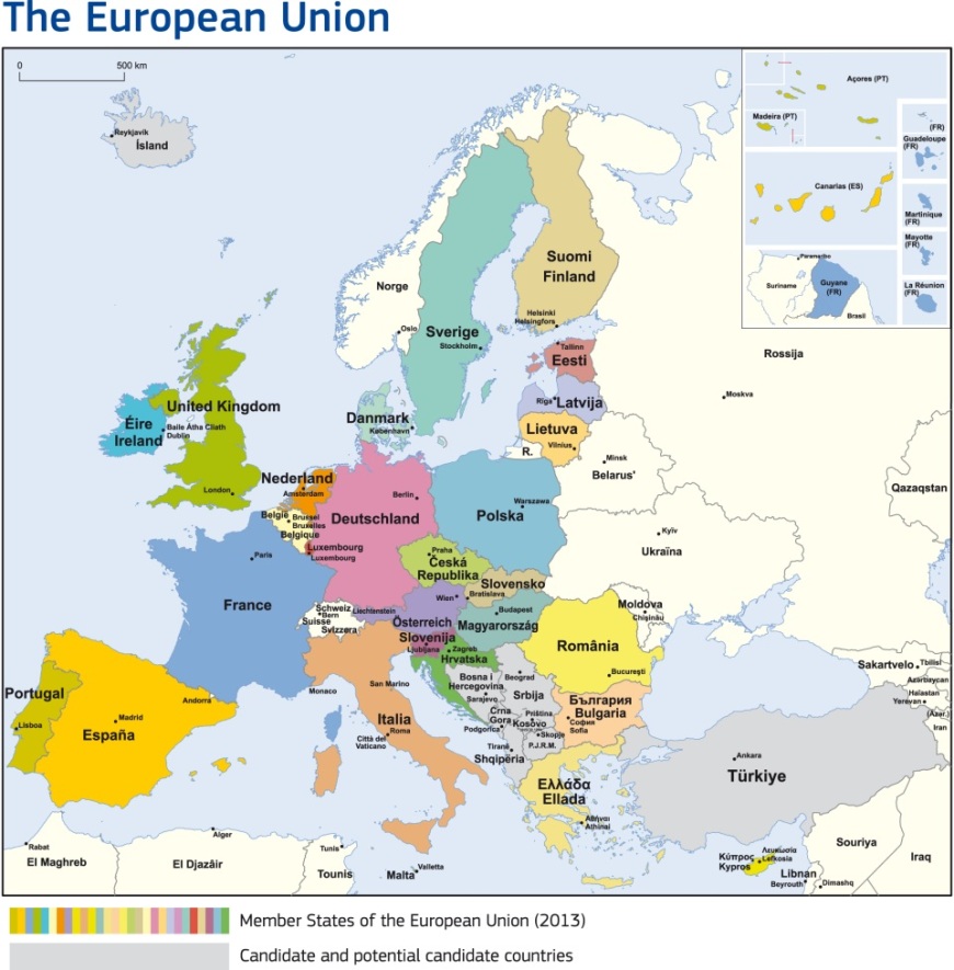 歐盟現有28個成員國，24種官法語言，格言為「多元一體」(Unity in Diversity) 。Soucre: European Union
